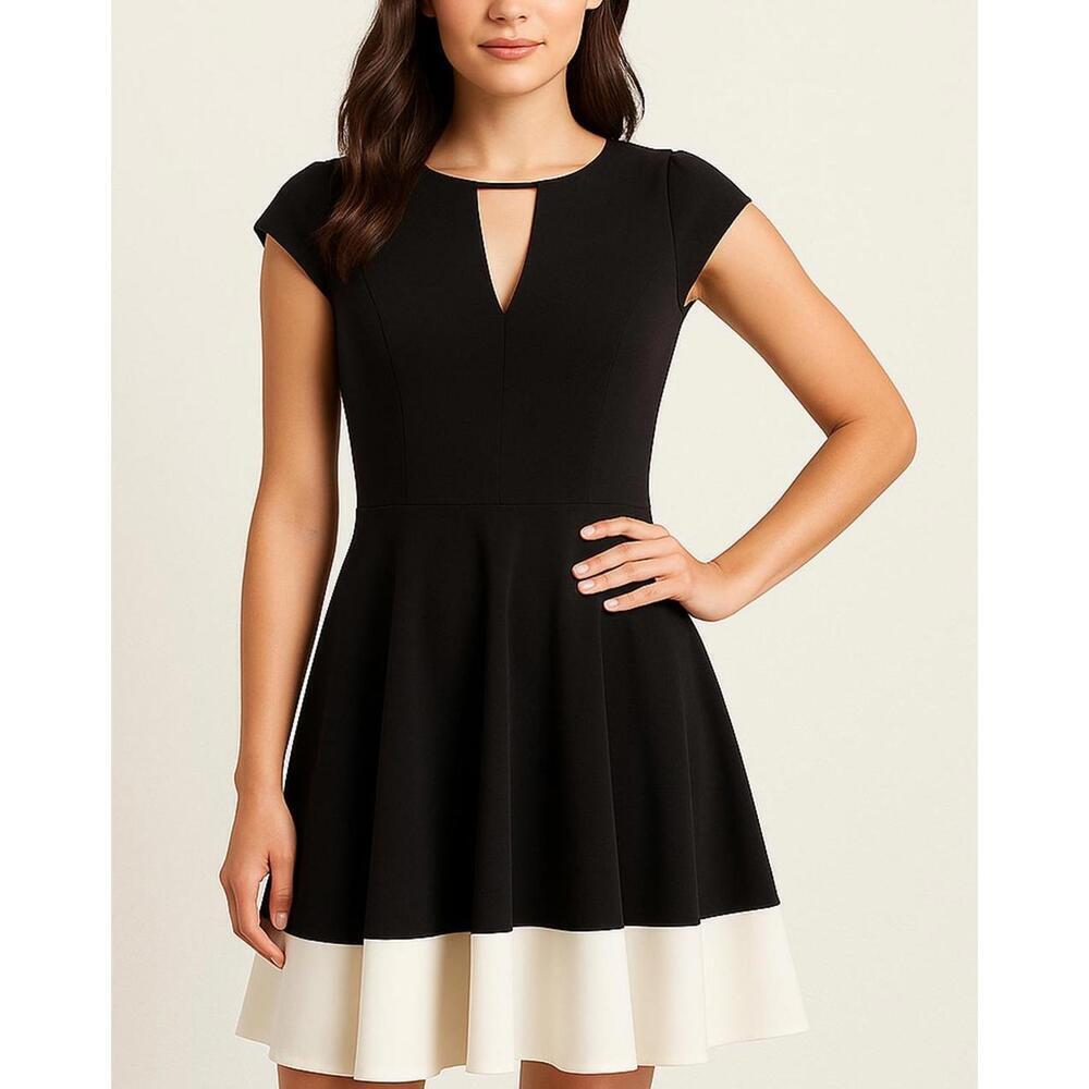 Size 4 Halston Heritage Black White Fit Flare Dress Keyhole Neck Cocktail